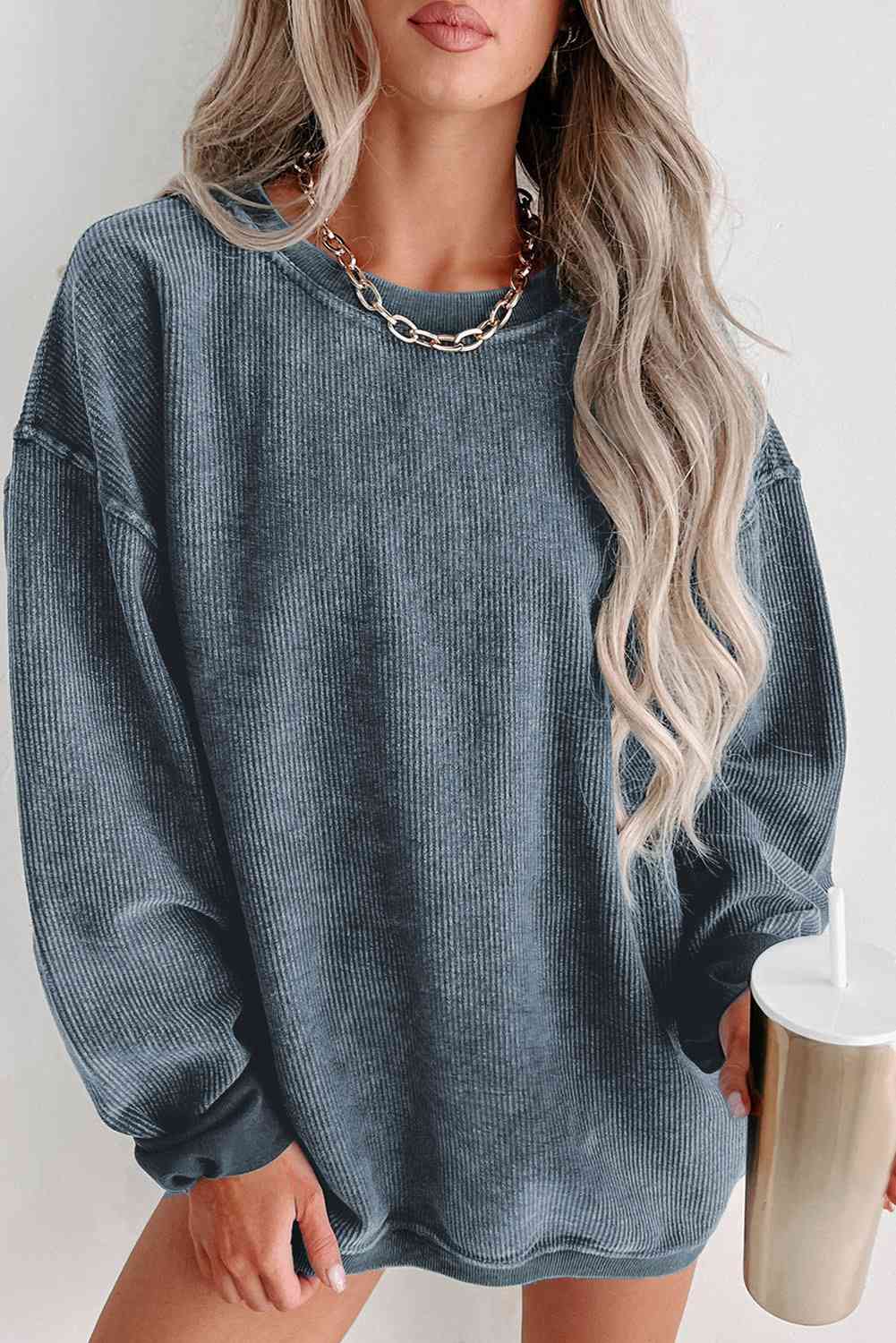 Round Neck Dropped Shoulder Sweatshirt-Tops-Ship From Overseas, SYNZ-Dusty Blue-S-[option4]-[option5]-[option6]-Womens-USA-Clothing-Boutique-Shop-Online-Clothes Minded