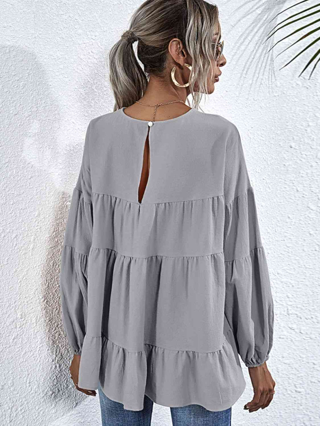 Round Neck Dropped Shoulder Tiered Blouse-Tops-Boutique Top, Romantichut, Ship From Overseas, Top, Tops-Light Gray-S-[option4]-[option5]-[option6]-Womens-USA-Clothing-Boutique-Shop-Online-Clothes Minded