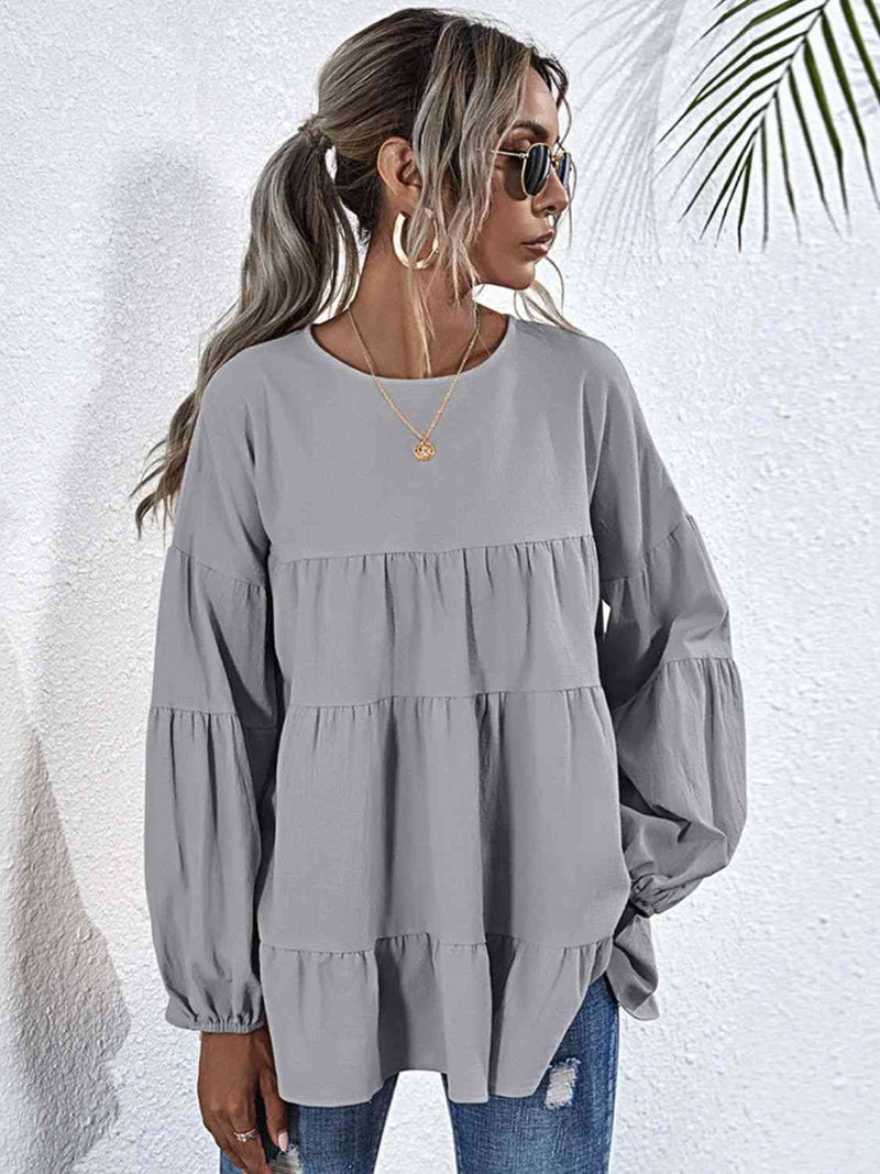 Round Neck Dropped Shoulder Tiered Blouse-Tops-Boutique Top, Romantichut, Ship From Overseas, Top, Tops-Light Gray-S-[option4]-[option5]-[option6]-Womens-USA-Clothing-Boutique-Shop-Online-Clothes Minded