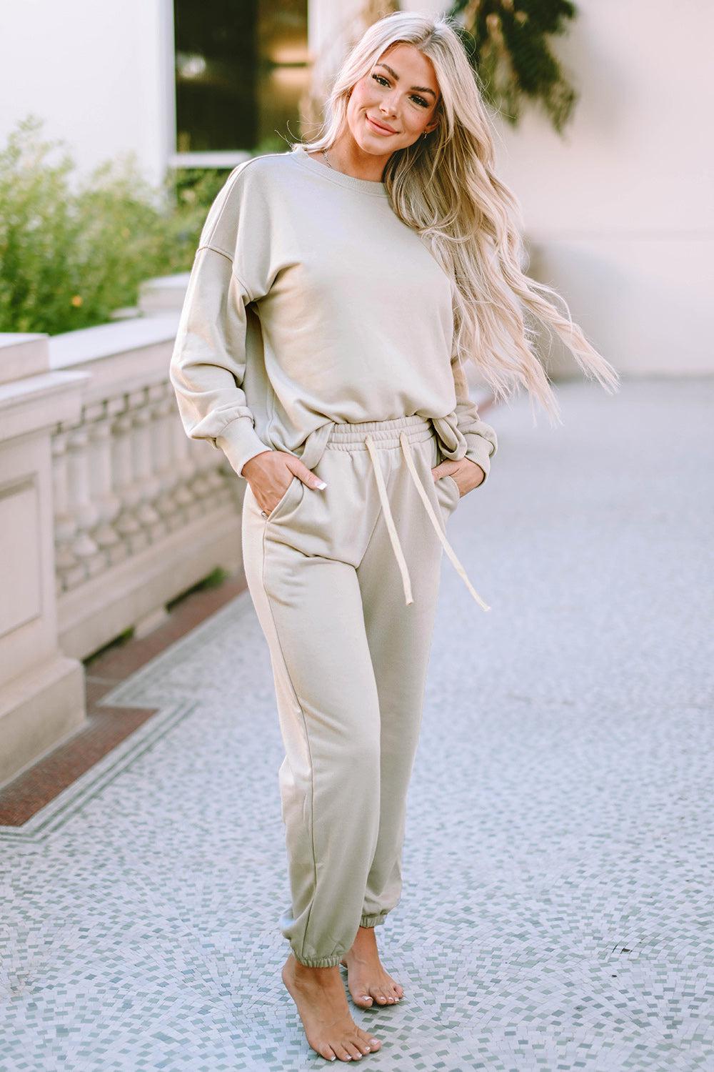 Round Neck Dropped Shoulder Top and Pants Lounge Set-Lounge Sets-Casual Sets, Comfy Set, Lounge Set, Matching Set, Ship From Overseas, SYNZ-Light Gray-S-[option4]-[option5]-[option6]-Womens-USA-Clothing-Boutique-Shop-Online-Clothes Minded