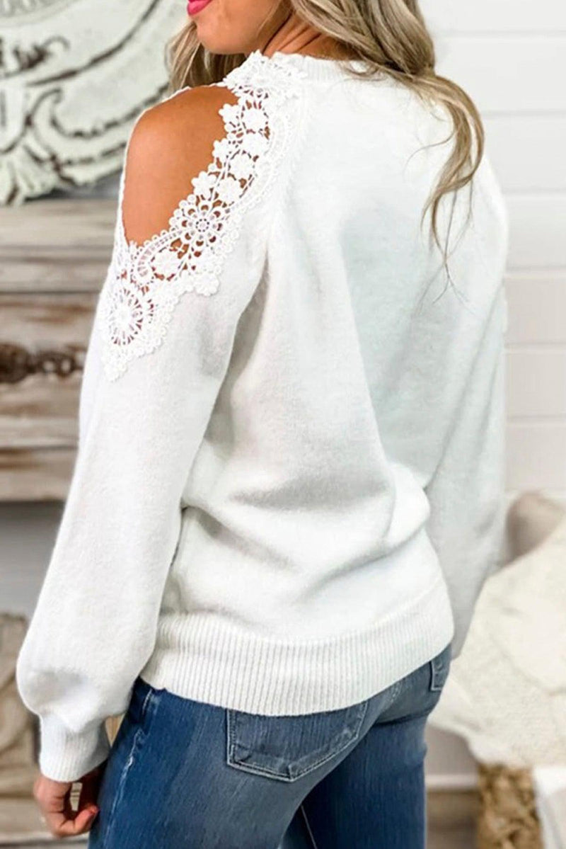 Round Neck Lace Splicing Cold Shoulder Sweater-Sweaters-Boutique Top, Ship from Overseas, Top, Tops-[option4]-[option5]-[option6]-Womens-USA-Clothing-Boutique-Shop-Online-Clothes Minded