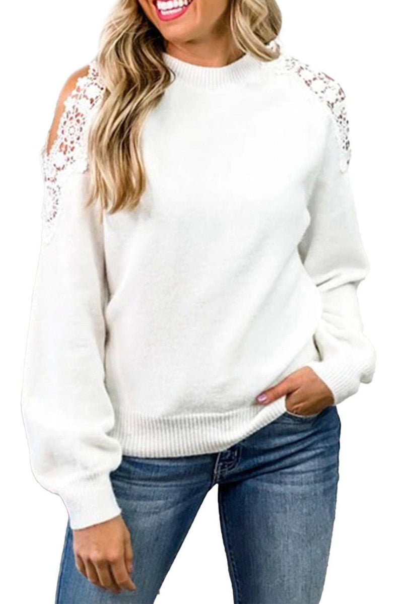 Round Neck Lace Splicing Cold Shoulder Sweater-Sweaters-Boutique Top, Ship from Overseas, Top, Tops-[option4]-[option5]-[option6]-Womens-USA-Clothing-Boutique-Shop-Online-Clothes Minded