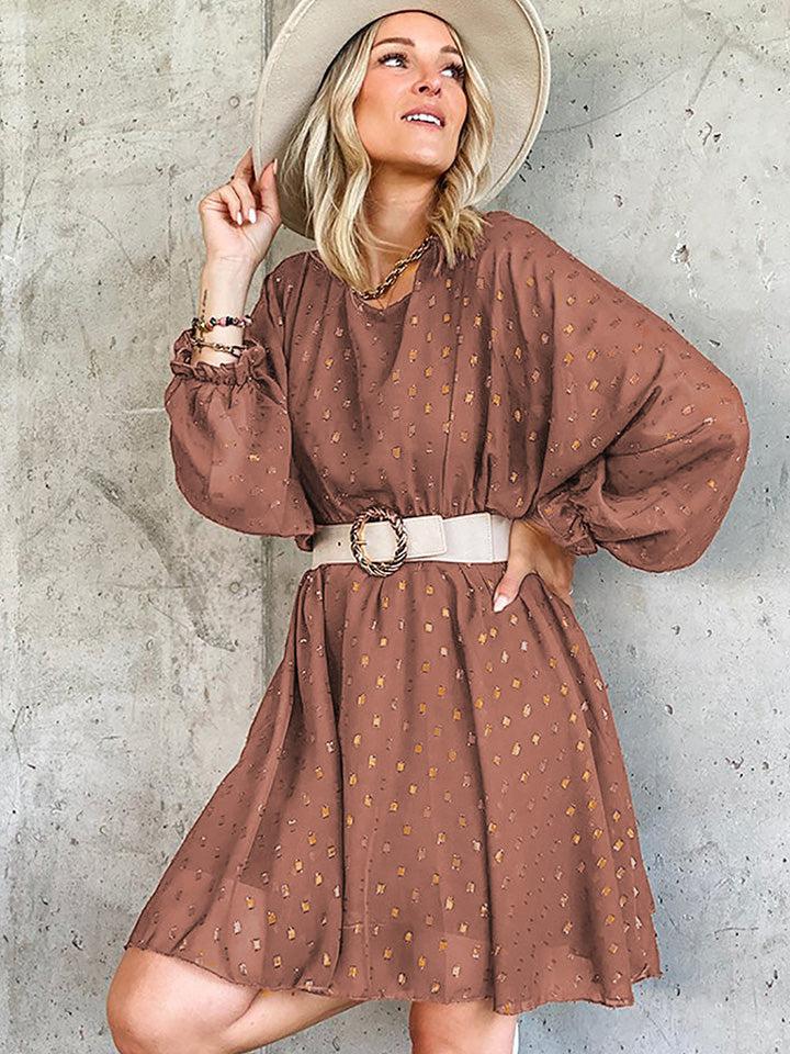 Round Neck Lantern Sleeve Printed Dress-Ship From Overseas, SYNZ-Ochre-S-[option4]-[option5]-[option6]-Womens-USA-Clothing-Boutique-Shop-Online-Clothes Minded