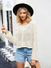 Round Neck Openwork Dropped Shoulder Knit Top-Tops-Boutique Top, SF Knit, Ship From Overseas, Top, Tops-Cream-S-[option4]-[option5]-[option6]-Womens-USA-Clothing-Boutique-Shop-Online-Clothes Minded