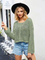 Round Neck Openwork Dropped Shoulder Knit Top-Tops-Boutique Top, SF Knit, Ship From Overseas, Top, Tops-Gum Leaf-S-[option4]-[option5]-[option6]-Womens-USA-Clothing-Boutique-Shop-Online-Clothes Minded