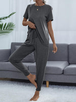 Round Neck Short Sleeve Top and Pants Set-Lounge Sets-Casual Sets, Comfy Set, Lounge Set, Matching Set, Romantichut, Ship From Overseas, Shipping Delay 09/29/2023 - 10/04/2023-Charcoal-XS-[option4]-[option5]-[option6]-Womens-USA-Clothing-Boutique-Shop-Online-Clothes Minded