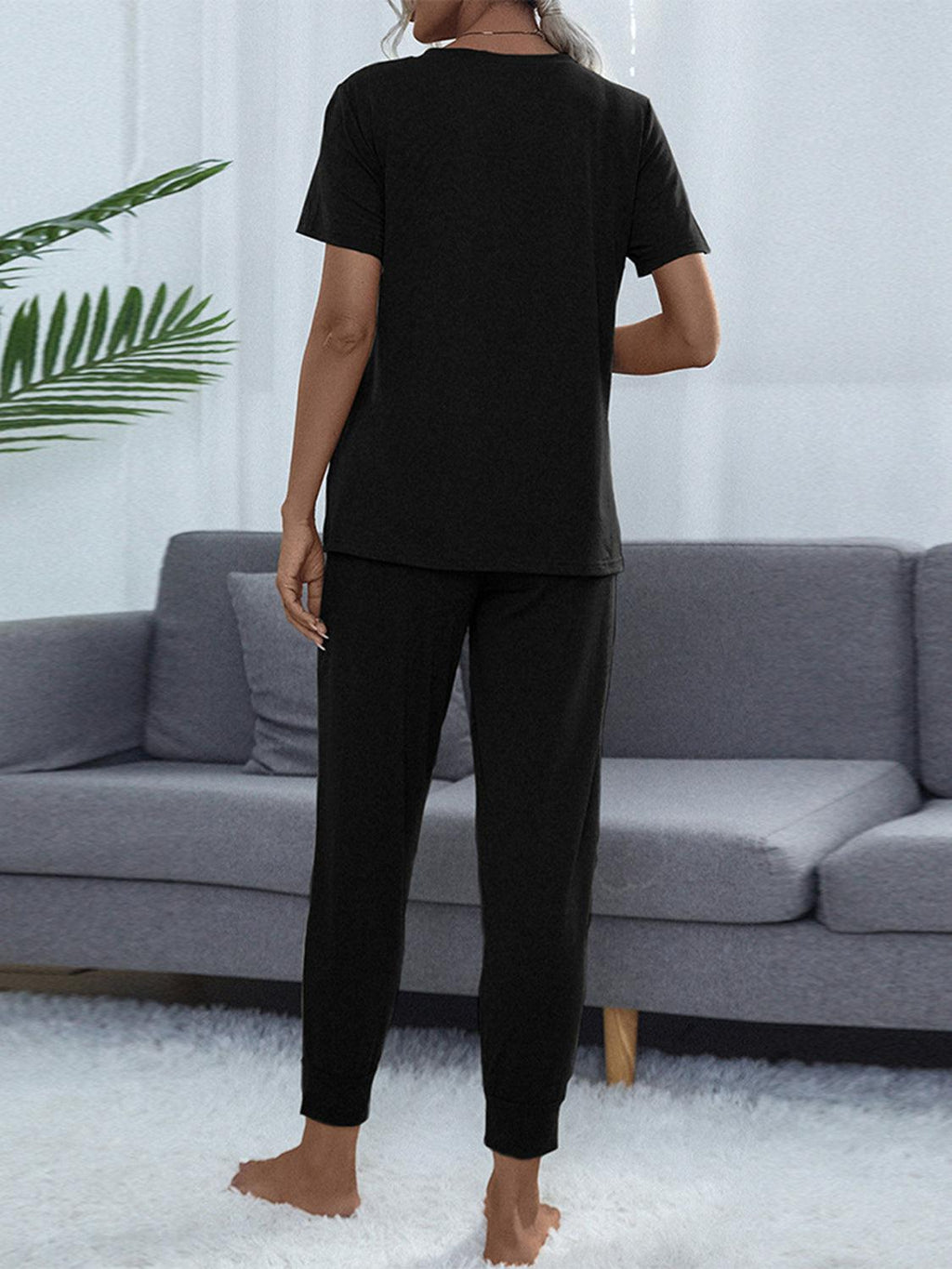 Round Neck Short Sleeve Top and Pants Set-Lounge Sets-Casual Sets, Comfy Set, Lounge Set, Matching Set, Romantichut, Ship From Overseas, Shipping Delay 09/29/2023 - 10/04/2023-Black-XS-[option4]-[option5]-[option6]-Womens-USA-Clothing-Boutique-Shop-Online-Clothes Minded