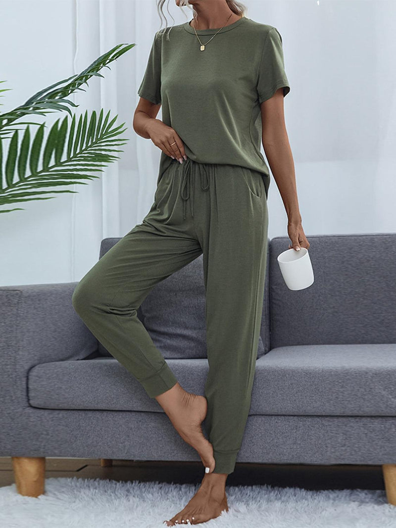 Round Neck Short Sleeve Top and Pants Set-Lounge Sets-Casual Sets, Comfy Set, Lounge Set, Matching Set, Romantichut, Ship From Overseas, Shipping Delay 09/29/2023 - 10/04/2023-Moss-XS-[option4]-[option5]-[option6]-Womens-USA-Clothing-Boutique-Shop-Online-Clothes Minded