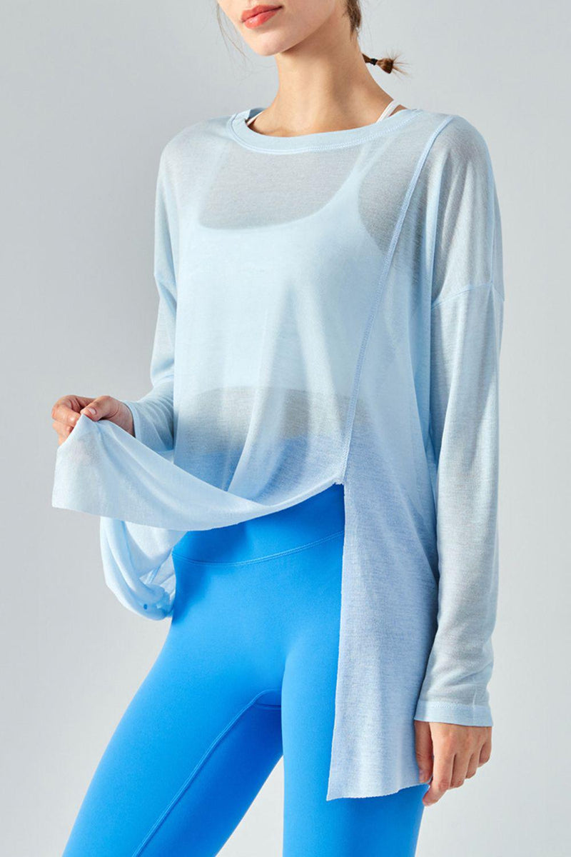 Round Neck Slit Sheer Tunic Sports Top-Ship From Overseas, ZJtree-Sky Blue-S/M-[option4]-[option5]-[option6]-Womens-USA-Clothing-Boutique-Shop-Online-Clothes Minded