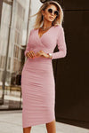 Ruched Surplice Long Sleeve Midi Dress-Ship From Overseas, SYNZ-Blush Pink-S-[option4]-[option5]-[option6]-Womens-USA-Clothing-Boutique-Shop-Online-Clothes Minded