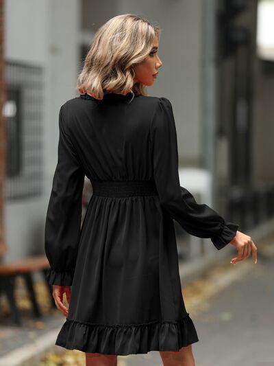 Ruffle Trim V-Neck Flounce Sleeve Dress-G@S, Ship From Overseas-Black-S-[option4]-[option5]-[option6]-Womens-USA-Clothing-Boutique-Shop-Online-Clothes Minded