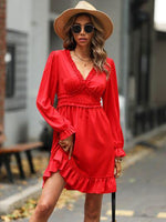 Ruffle Trim V-Neck Flounce Sleeve Dress-G@S, Ship From Overseas-Red-S-[option4]-[option5]-[option6]-Womens-USA-Clothing-Boutique-Shop-Online-Clothes Minded