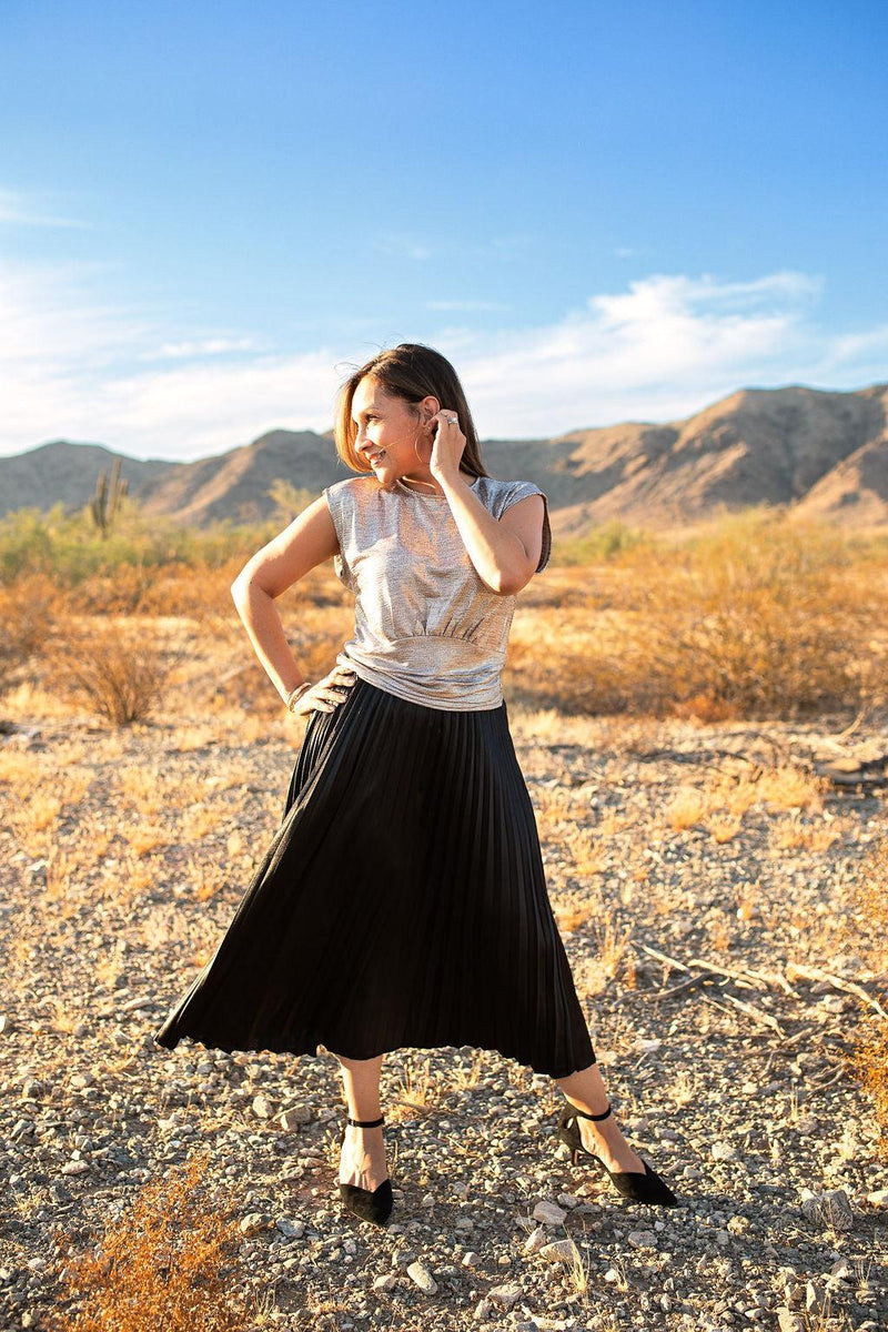 Satin Black Pleated Skirt-160 Bottoms-Black Pleated Maxi Skirt, Max Retail, Skirt-[option4]-[option5]-[option6]-Womens-USA-Clothing-Boutique-Shop-Online-Clothes Minded