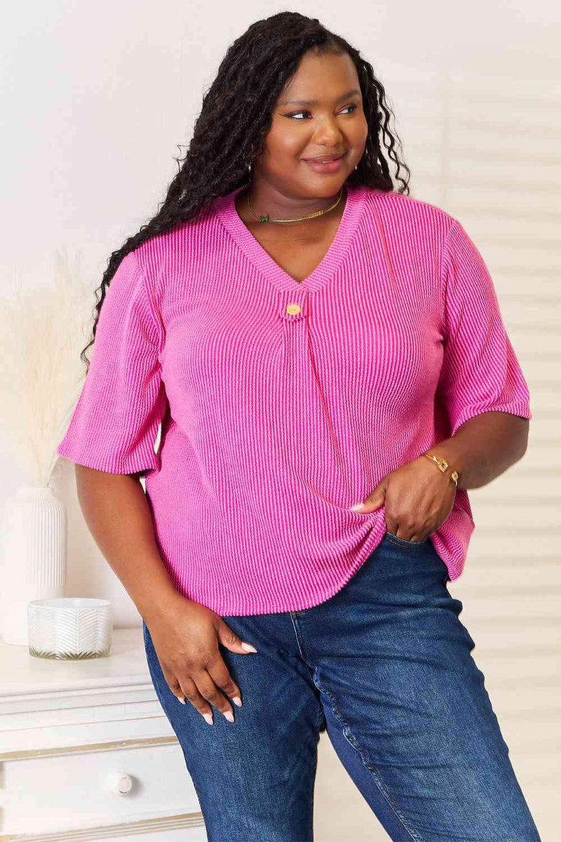 Sew In Love Full Size Ribbed V-Neck Short Sleeve Top-Sew In Love, Ship from USA-Fuchsia Pink-S-[option4]-[option5]-[option6]-Womens-USA-Clothing-Boutique-Shop-Online-Clothes Minded