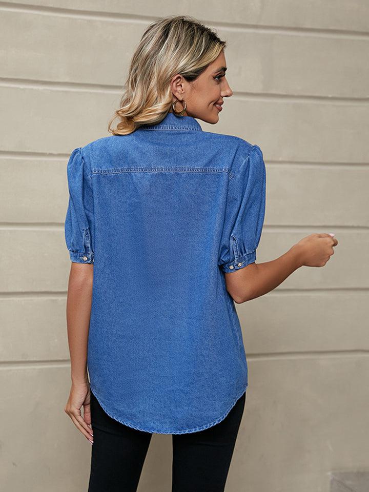 Short Puff Sleeve Denim Shirt Jacket-Shirts & Tops-M.F, Ship From Overseas, Shipping Delay 09/29/2023 - 10/02/2023-Medium-S-[option4]-[option5]-[option6]-Womens-USA-Clothing-Boutique-Shop-Online-Clothes Minded