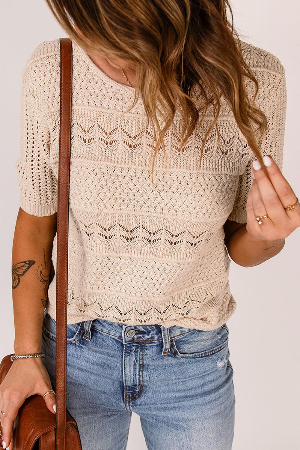 Short Sleeve Openwork Knit Sweater-Tops-Boutique Top, Shipping Delay 01/17/2023 - 01/25/2023, Sweater, Tops-Cream-S-[option4]-[option5]-[option6]-Womens-USA-Clothing-Boutique-Shop-Online-Clothes Minded