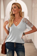 Side Lace V Neck T-Shirt-Ship From Overseas, SYNZ-Gray-S-[option4]-[option5]-[option6]-Womens-USA-Clothing-Boutique-Shop-Online-Clothes Minded