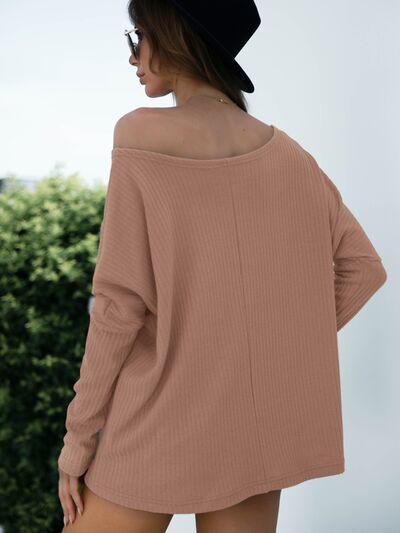 Single Shoulder Long Sleeve Knit Top-Shirts & Tops-Ship From Overseas, YO-Pale Blush-S-[option4]-[option5]-[option6]-Womens-USA-Clothing-Boutique-Shop-Online-Clothes Minded