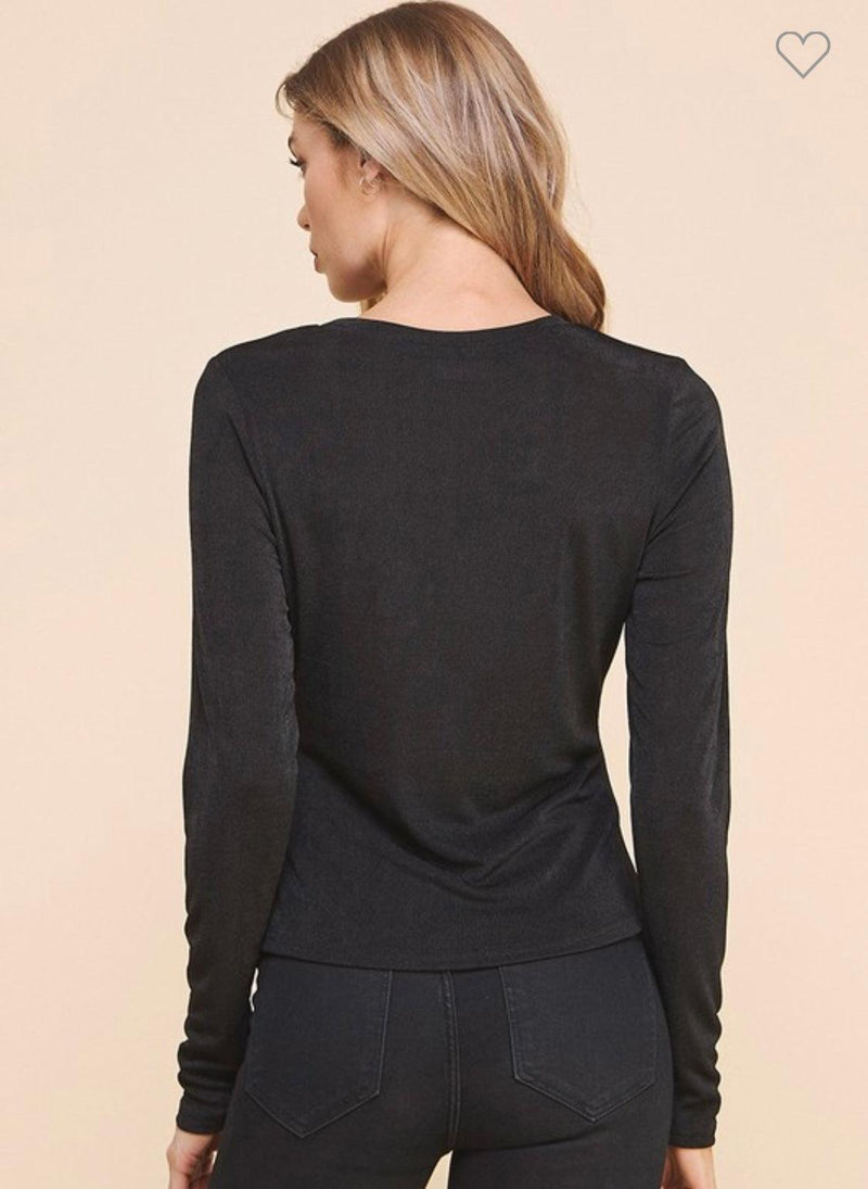 Slinky Side Pleated Long Sleeve Black Top-110 Long Sleeve Tops-Long Sleeve Black Top, Max Retail, Slinky Side Pleated Long Sleeve Black Top-Small-[option4]-[option5]-[option6]-Womens-USA-Clothing-Boutique-Shop-Online-Clothes Minded
