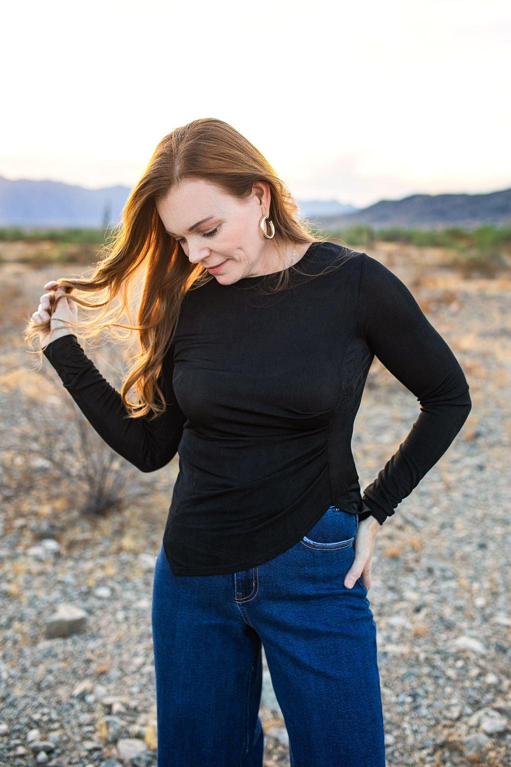 Slinky Side Pleated Long Sleeve Black Top-110 Long Sleeve Tops-Long Sleeve Black Top, Max Retail, Slinky Side Pleated Long Sleeve Black Top-Small-[option4]-[option5]-[option6]-Womens-USA-Clothing-Boutique-Shop-Online-Clothes Minded