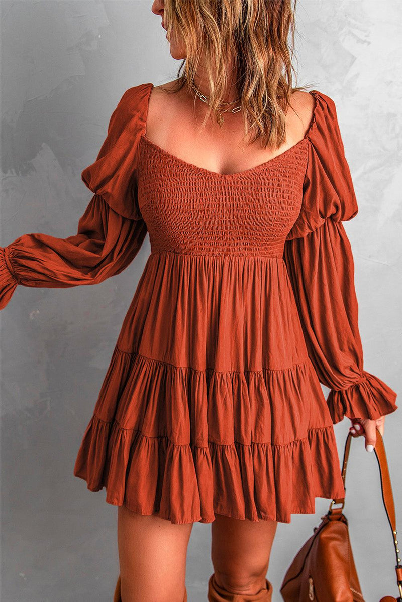 Smocked Off-Shoulder Tiered Mini Dress-Dresses-Boutique Dress, Dress, Ship From Overseas, SYNZ-Brown-L-[option4]-[option5]-[option6]-Womens-USA-Clothing-Boutique-Shop-Online-Clothes Minded
