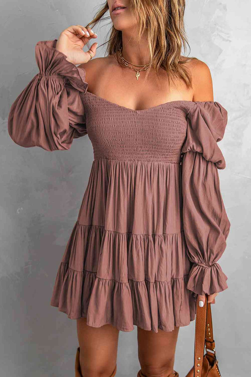 Smocked Off-Shoulder Tiered Mini Dress-Dresses-Boutique Dress, Dress, Ship From Overseas, SYNZ-Chestnut-S-[option4]-[option5]-[option6]-Womens-USA-Clothing-Boutique-Shop-Online-Clothes Minded