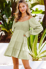 Smocked Off-Shoulder Tiered Mini Dress-Dresses-Boutique Dress, Dress, Ship From Overseas, SYNZ-Green-M-[option4]-[option5]-[option6]-Womens-USA-Clothing-Boutique-Shop-Online-Clothes Minded
