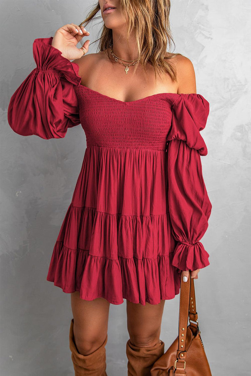 Smocked Off-Shoulder Tiered Mini Dress-Dresses-Boutique Dress, Dress, Ship From Overseas, SYNZ-Red-S-[option4]-[option5]-[option6]-Womens-USA-Clothing-Boutique-Shop-Online-Clothes Minded