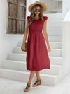 Smocked Round Neck Tiered Dress-Dress-Boutique Dress, Dress, J&Q, Ship From Overseas-Brick Red-S-[option4]-[option5]-[option6]-Womens-USA-Clothing-Boutique-Shop-Online-Clothes Minded