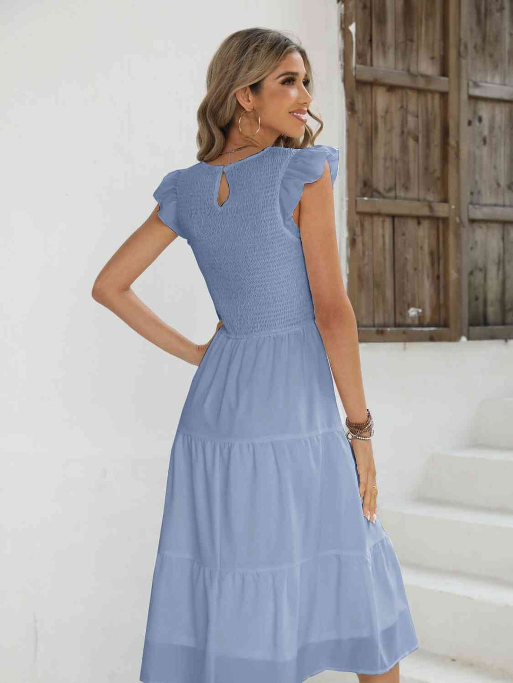 Smocked Round Neck Tiered Dress-Dress-Boutique Dress, Dress, J&Q, Ship From Overseas-Misty Blue-S-[option4]-[option5]-[option6]-Womens-USA-Clothing-Boutique-Shop-Online-Clothes Minded