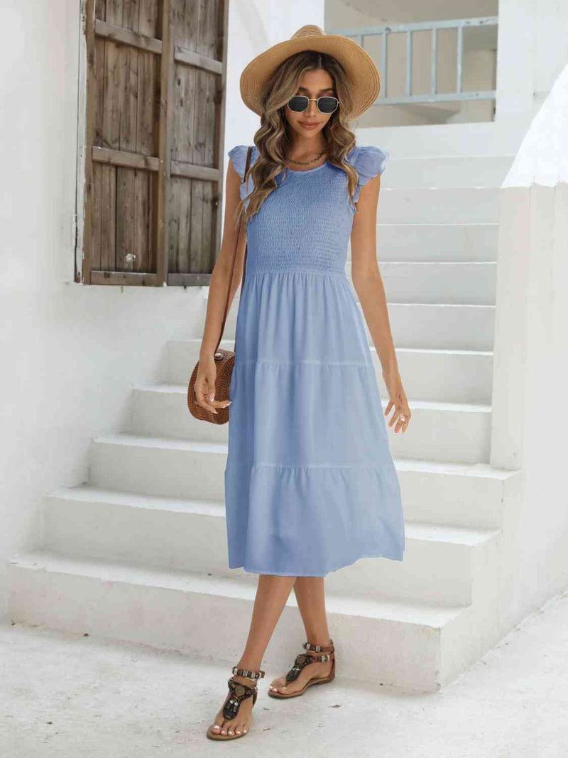 Smocked Round Neck Tiered Dress-Dress-Boutique Dress, Dress, J&Q, Ship From Overseas-[option4]-[option5]-[option6]-Womens-USA-Clothing-Boutique-Shop-Online-Clothes Minded