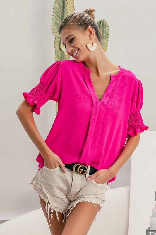 Smocked Sleeve Top-100 Short Sleeve Tops-Black Top, Boutique Top, Fuchsia Top, Max Retail, sale, Sale Top, Short Sleeve Black Top, Short Sleeve Top, Smocked Sleeve Top-Large-Fuchsia-[option4]-[option5]-[option6]-Womens-USA-Clothing-Boutique-Shop-Online-Clothes Minded