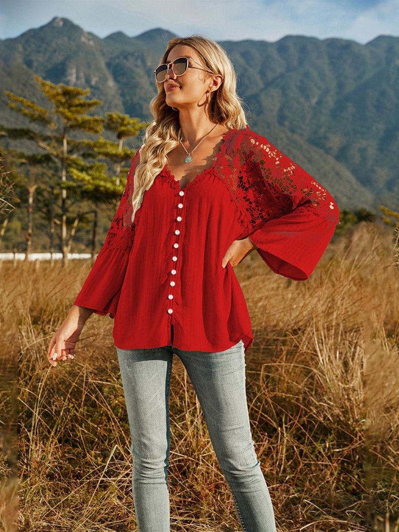 Spliced Lace Buttoned Blouse-L&Q, Ship From Overseas, Shipping Delay 09/29/2023 - 10/03/2023-[option4]-[option5]-[option6]-Womens-USA-Clothing-Boutique-Shop-Online-Clothes Minded