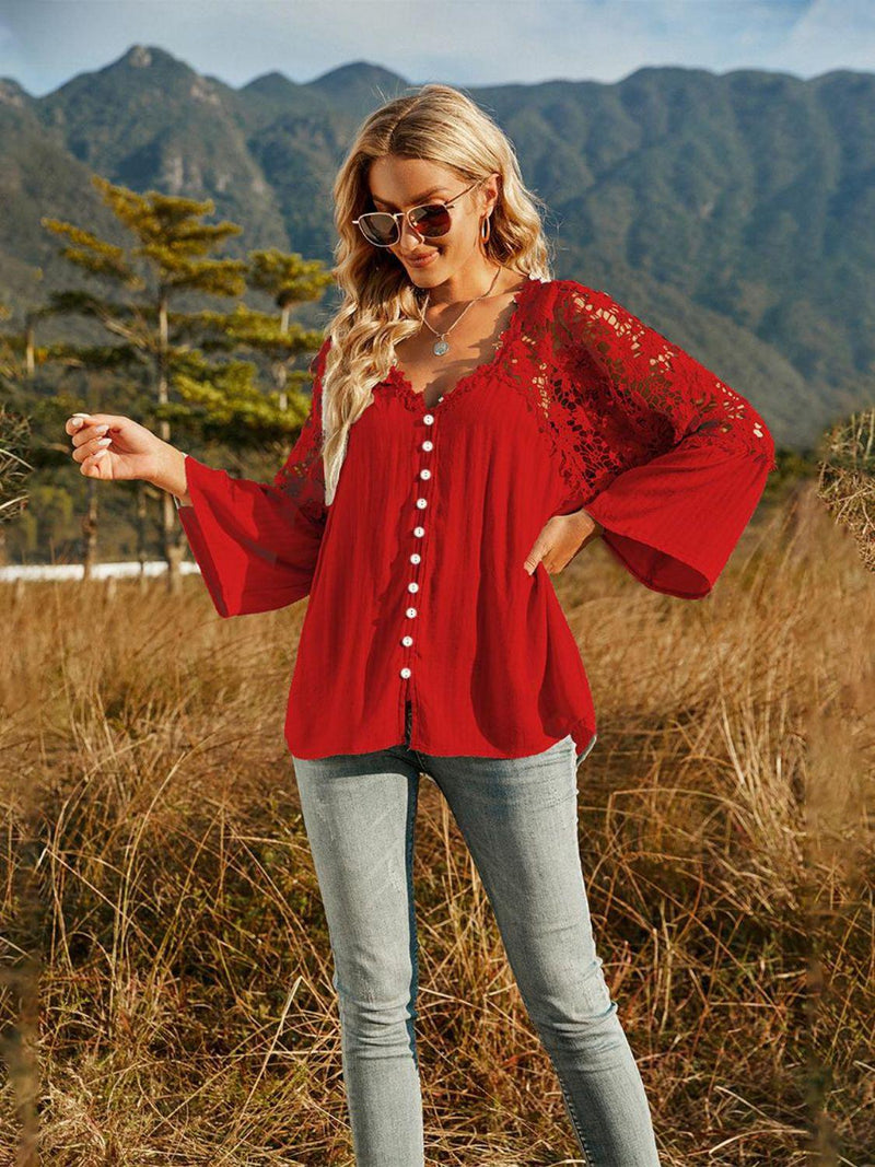 Spliced Lace Buttoned Blouse-L&Q, Ship From Overseas, Shipping Delay 09/29/2023 - 10/03/2023-Deep Red-S-[option4]-[option5]-[option6]-Womens-USA-Clothing-Boutique-Shop-Online-Clothes Minded