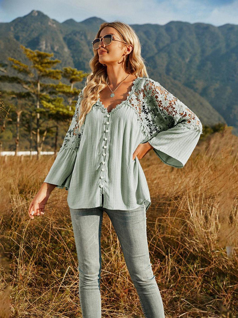 Spliced Lace Buttoned Blouse-L&Q, Ship From Overseas, Shipping Delay 09/29/2023 - 10/03/2023-Light Green-S-[option4]-[option5]-[option6]-Womens-USA-Clothing-Boutique-Shop-Online-Clothes Minded