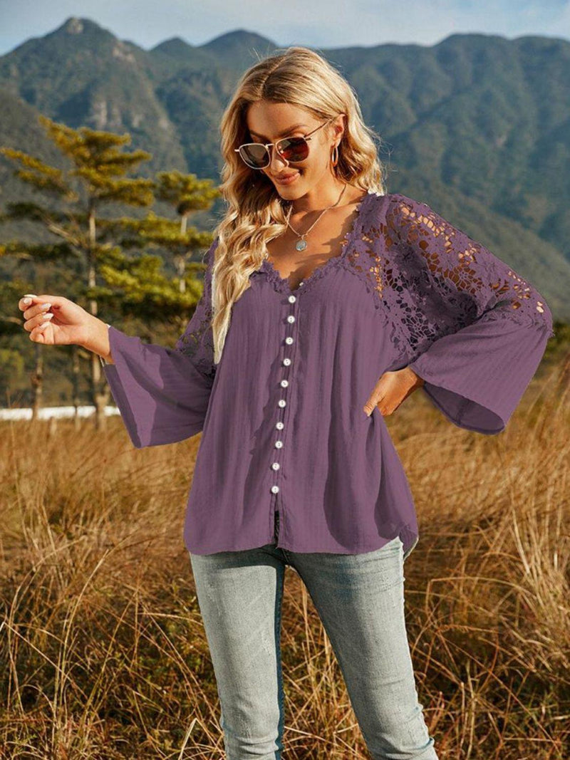 Spliced Lace Buttoned Blouse-L&Q, Ship From Overseas, Shipping Delay 09/29/2023 - 10/03/2023-Plum-S-[option4]-[option5]-[option6]-Womens-USA-Clothing-Boutique-Shop-Online-Clothes Minded