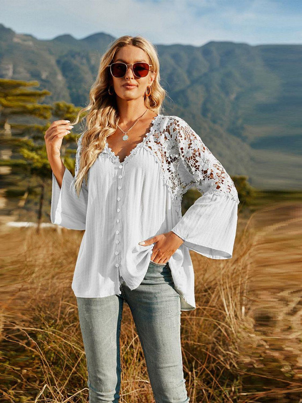 Spliced Lace Buttoned Blouse-L&Q, Ship From Overseas, Shipping Delay 09/29/2023 - 10/03/2023-White-S-[option4]-[option5]-[option6]-Womens-USA-Clothing-Boutique-Shop-Online-Clothes Minded