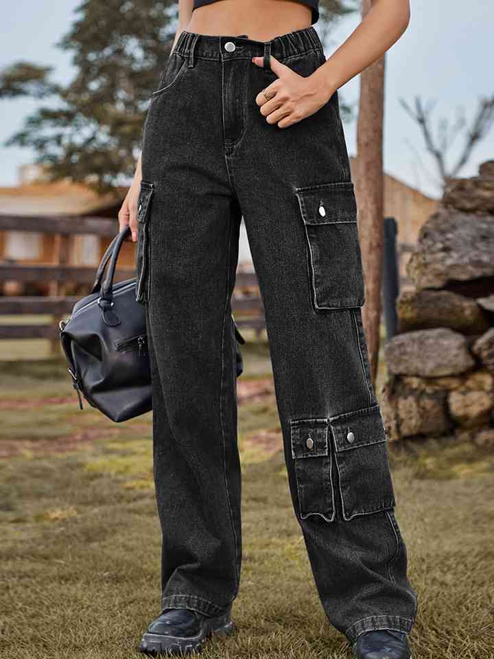 Straight Leg Cargo Jeans-Pants-Bottoms, M.F, Ship From Overseas-Charcoal-S-[option4]-[option5]-[option6]-Womens-USA-Clothing-Boutique-Shop-Online-Clothes Minded