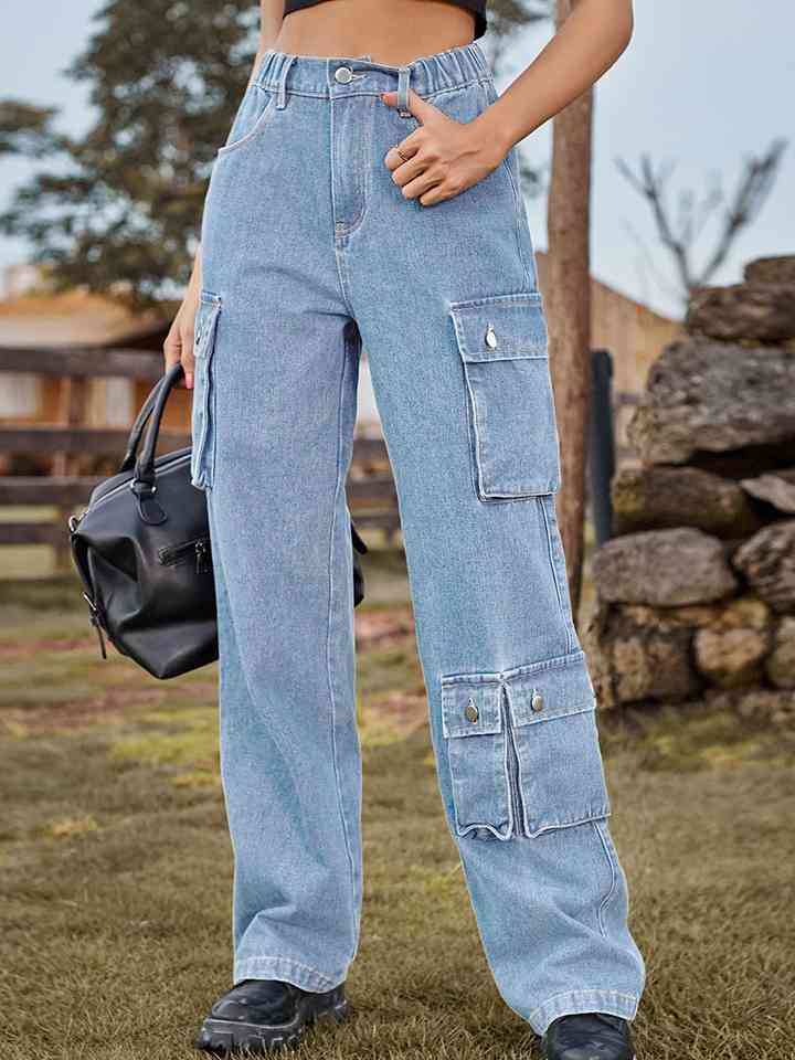 Straight Leg Cargo Jeans-Pants-Bottoms, M.F, Ship From Overseas-Pastel Blue-S-[option4]-[option5]-[option6]-Womens-USA-Clothing-Boutique-Shop-Online-Clothes Minded