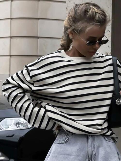 Striped Round Neck Long Sleeve T-Shirt-Q@S, Ship From Overseas-White-S-[option4]-[option5]-[option6]-Womens-USA-Clothing-Boutique-Shop-Online-Clothes Minded