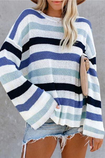 Striped Slit Round Neck Dropped Shoulder Sweater-Shirts & Tops-K&M, Ship From Overseas-Misty Blue-S-[option4]-[option5]-[option6]-Womens-USA-Clothing-Boutique-Shop-Online-Clothes Minded