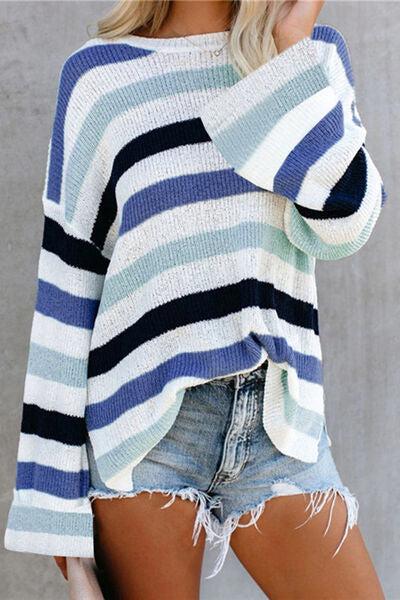 Striped Slit Round Neck Dropped Shoulder Sweater-Shirts & Tops-K&M, Ship From Overseas-Misty Blue-S-[option4]-[option5]-[option6]-Womens-USA-Clothing-Boutique-Shop-Online-Clothes Minded