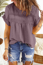 Swiss Dot Decorative Button Short Sleeve Blouse-Tops-Ship From Overseas, SYNZ, Tops-Dusty Purple-S-[option4]-[option5]-[option6]-Womens-USA-Clothing-Boutique-Shop-Online-Clothes Minded