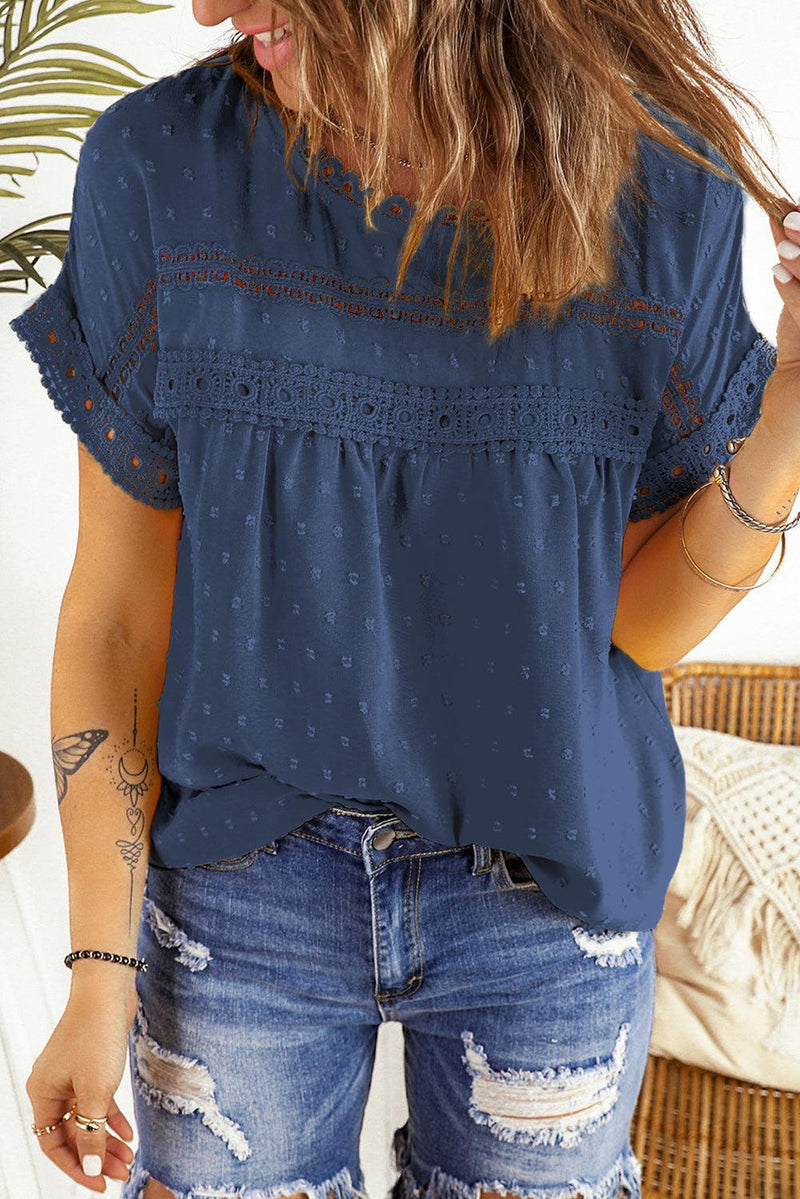 Swiss Dot Decorative Button Short Sleeve Blouse-Tops-Ship From Overseas, SYNZ, Tops-French Blue-S-[option4]-[option5]-[option6]-Womens-USA-Clothing-Boutique-Shop-Online-Clothes Minded