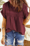 Swiss Dot Decorative Button Short Sleeve Blouse-Tops-Ship From Overseas, SYNZ, Tops-Wine-S-[option4]-[option5]-[option6]-Womens-USA-Clothing-Boutique-Shop-Online-Clothes Minded