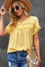 Swiss Dot Decorative Button Short Sleeve Blouse-Tops-Ship From Overseas, SYNZ, Tops-Yellow-S-[option4]-[option5]-[option6]-Womens-USA-Clothing-Boutique-Shop-Online-Clothes Minded
