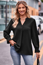Swiss Dot Notched Neck Flounce Sleeve Blouse-Blouses-AYL, Boutique Top, Ship From Overseas, Shipping Delay 09/29/2023 - 10/03/2023, Top, Tops-[option4]-[option5]-[option6]-Womens-USA-Clothing-Boutique-Shop-Online-Clothes Minded