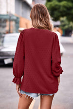 Swiss Dot Notched Neck Flounce Sleeve Blouse-Blouses-AYL, Boutique Top, Ship From Overseas, Shipping Delay 09/29/2023 - 10/03/2023, Top, Tops-[option4]-[option5]-[option6]-Womens-USA-Clothing-Boutique-Shop-Online-Clothes Minded