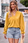 Swiss Dot Notched Neck Flounce Sleeve Blouse-Blouses-AYL, Boutique Top, Ship From Overseas, Shipping Delay 09/29/2023 - 10/03/2023, Top, Tops-Mustard-S-[option4]-[option5]-[option6]-Womens-USA-Clothing-Boutique-Shop-Online-Clothes Minded