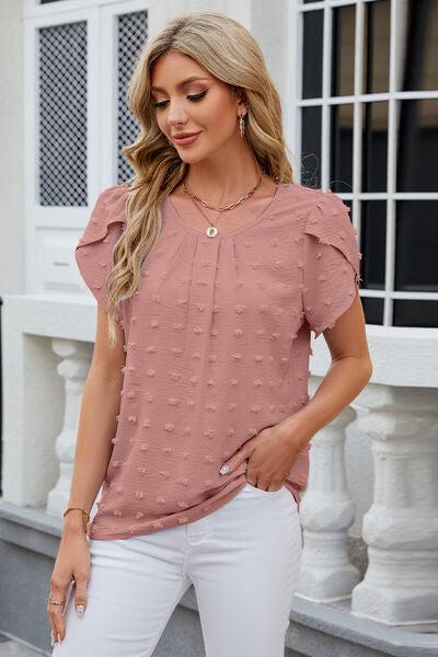 Swiss Dot Round Neck Short Sleeve T-Shirt-M@O, Ship From Overseas-[option4]-[option5]-[option6]-Womens-USA-Clothing-Boutique-Shop-Online-Clothes Minded